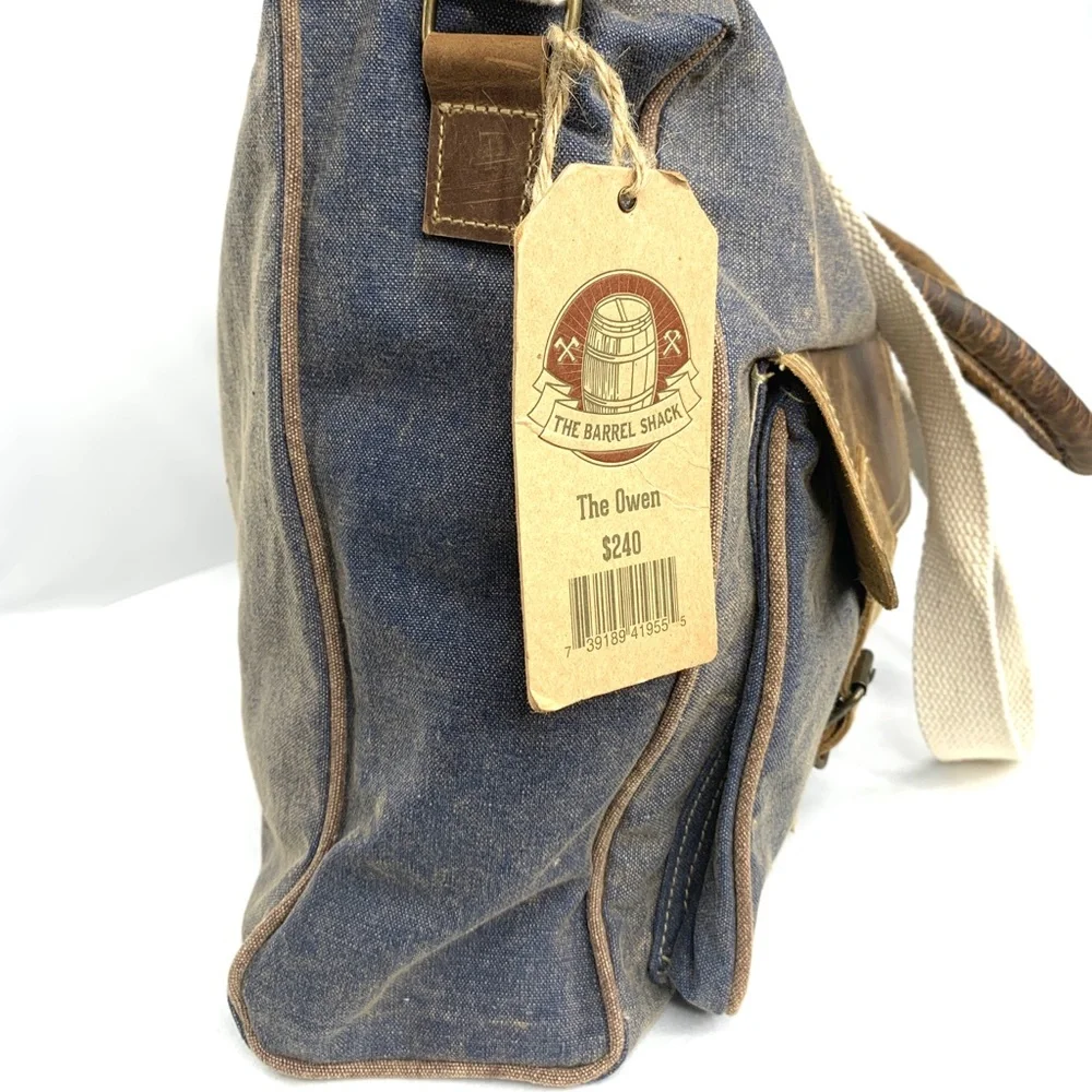 The Barrel Shack Owen Blue Canvas Large Messenger Bag Brown Leather Trim